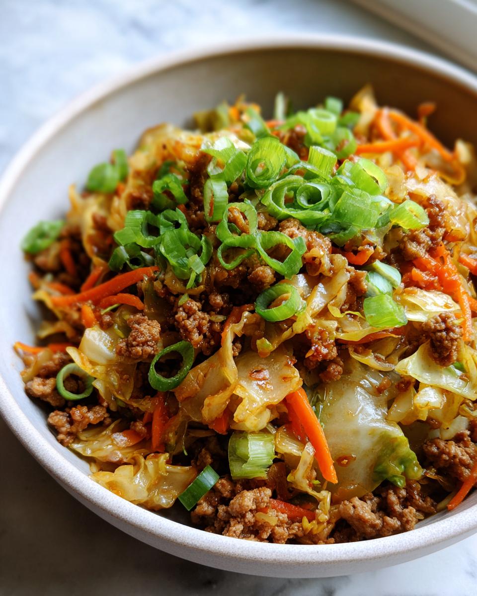 Close-up of a bowl filled with Egg Roll in a Bowl, featuring ground meat, cabbage, carrots, and green onions.
