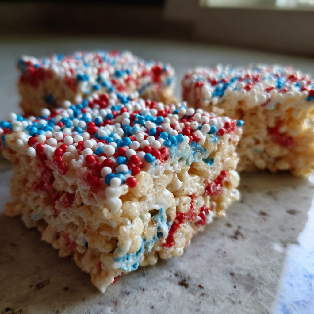 Close-up of three Firecracker Rice Krispie Treats decorated with red, white, and blue sprinkles for Fourth of July desserts.