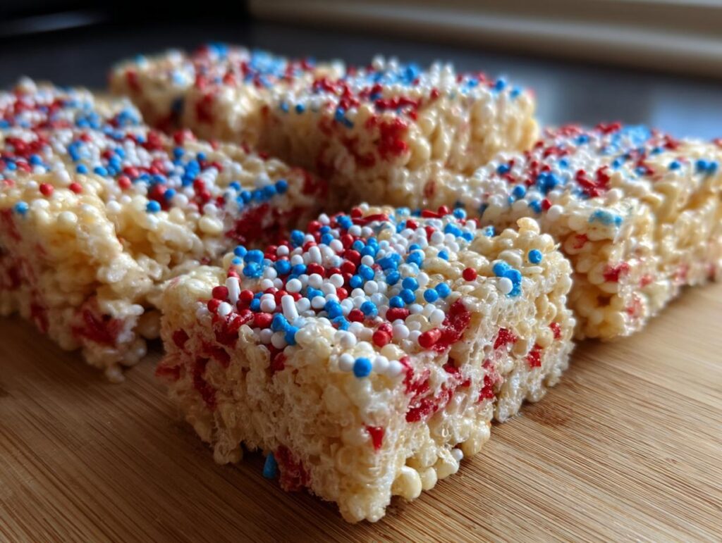 Close-up of Firecracker Rice Krispie Treats topped with red, white, and blue sprinkles, perfect for Fourth of July desserts.