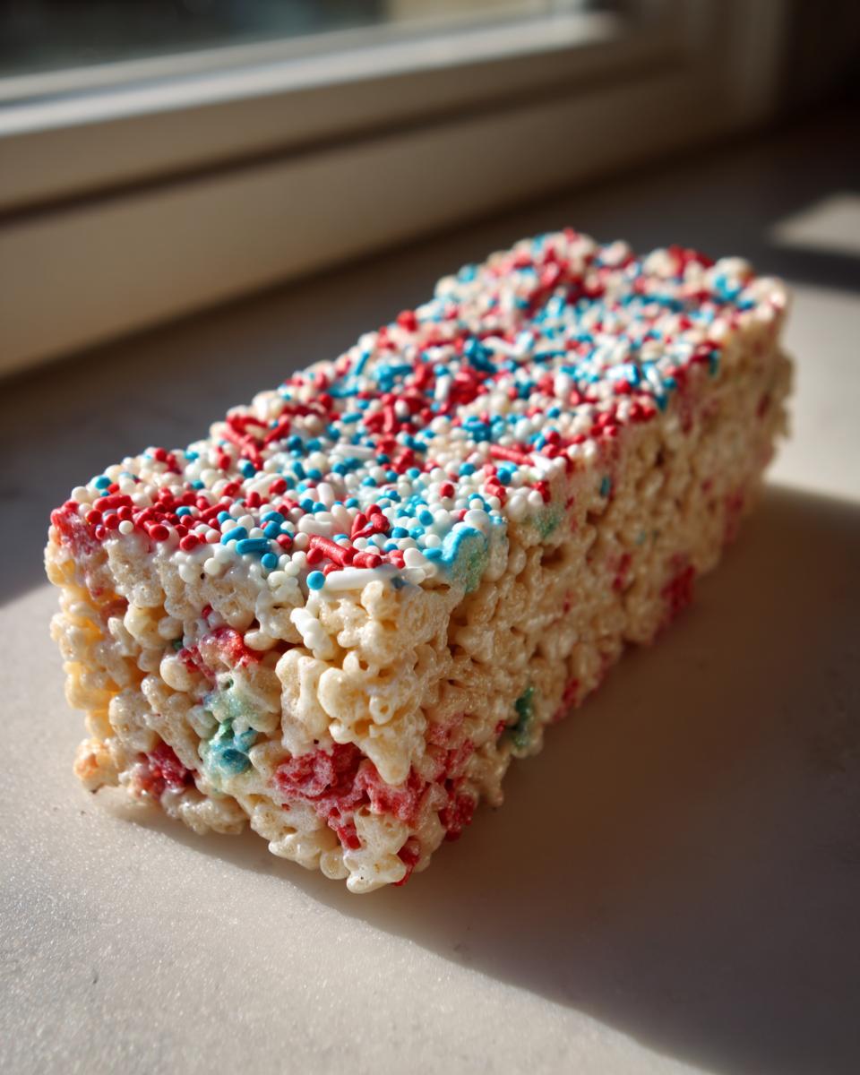 A close-up of a festive Firecracker Rice Krispie Treat, topped with red, white, and blue sprinkles, perfect for Fourth of July desserts.