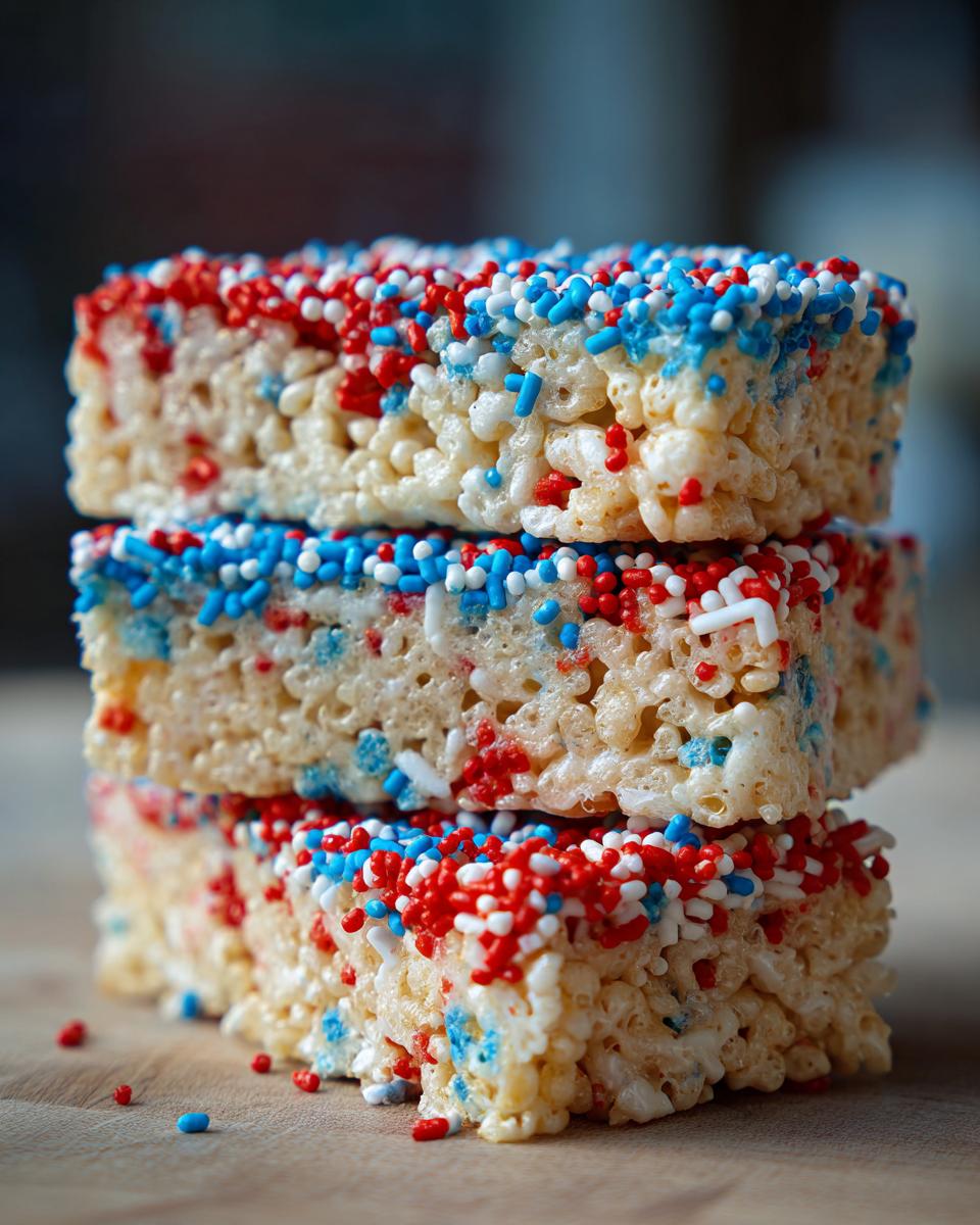 A stack of three Firecracker Rice Krispie Treats, topped with red, white, and blue sprinkles, perfect for Fourth of July desserts.