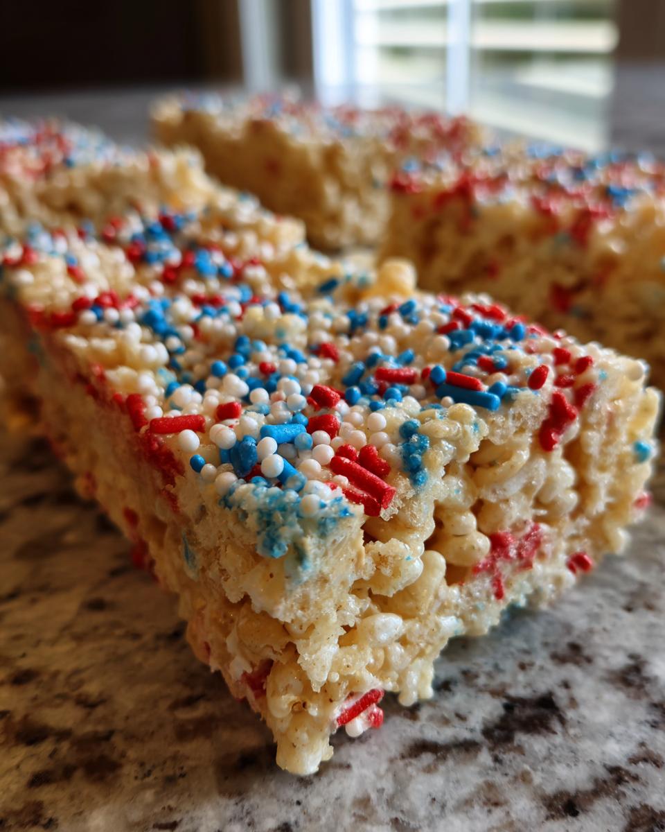 Close-up of a Firecracker Rice Krispie Treat topped with red, white, and blue sprinkles.