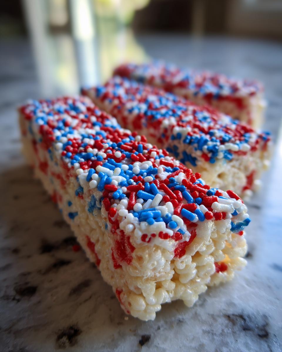 Close-up of three Firecracker Rice Krispie Treats topped with red, white, and blue sprinkles for Fourth of July.