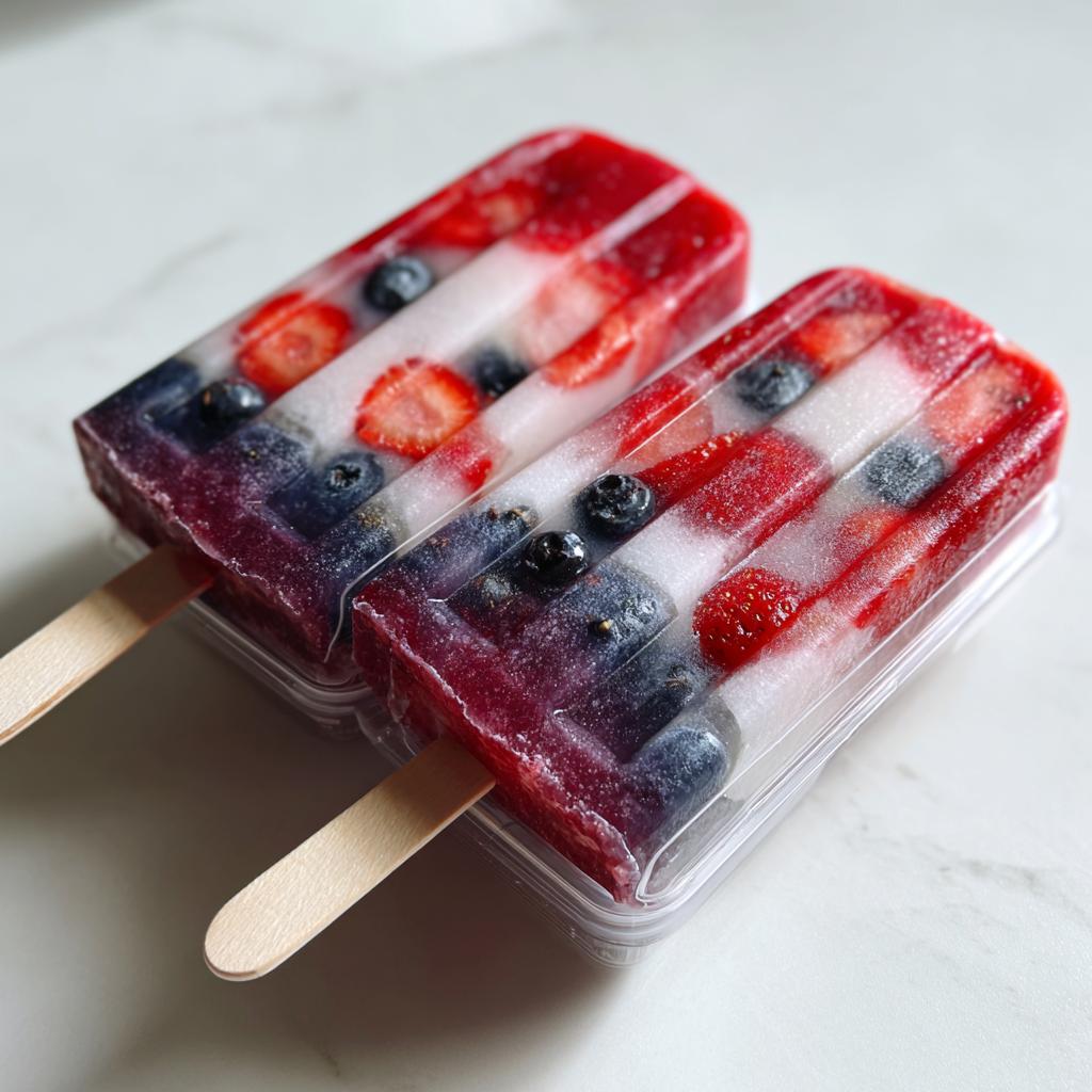 Two red, white, and blue berry popsicles with strawberries and blueberries for Fourth of July desserts.