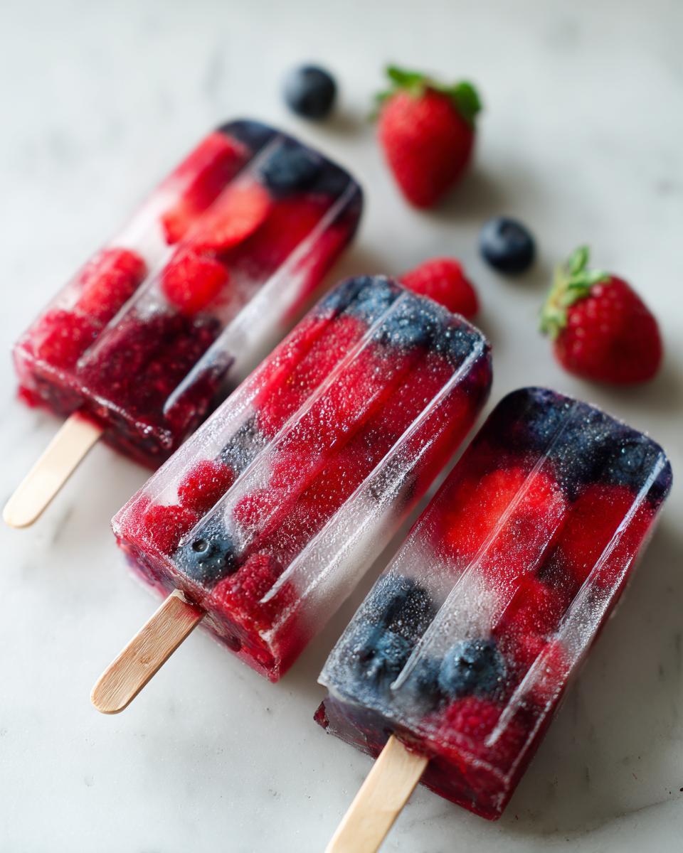 Three red, white, and blue berry popsicles made with strawberries, blueberries, and raspberries for Fourth of July desserts.