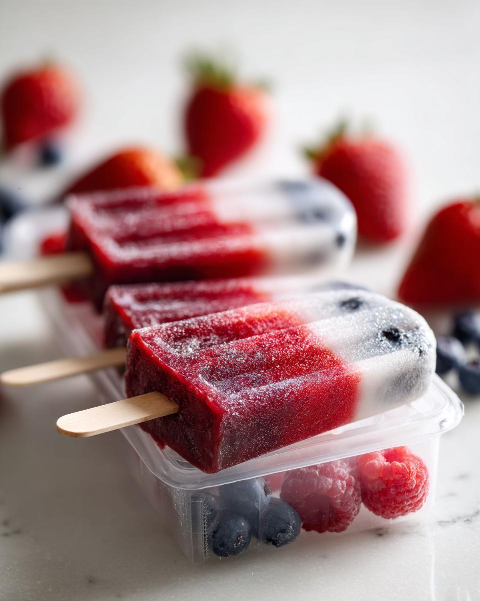 Close-up of red, white, and blue berry popsicles for Fourth of July desserts, surrounded by fresh strawberries and blueberries.