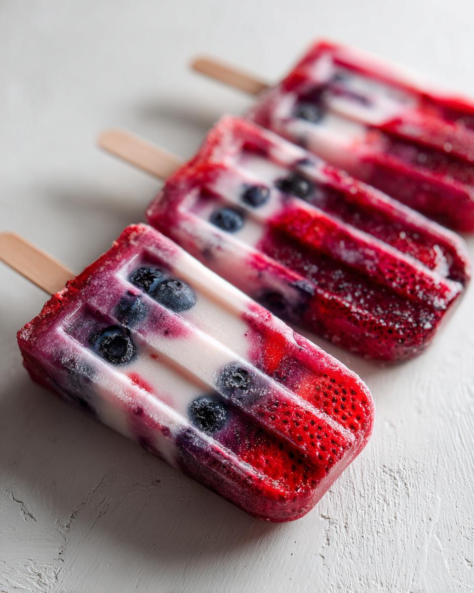 Three bright berry popsicles with strawberries and blueberries, perfect for Fourth of July desserts.