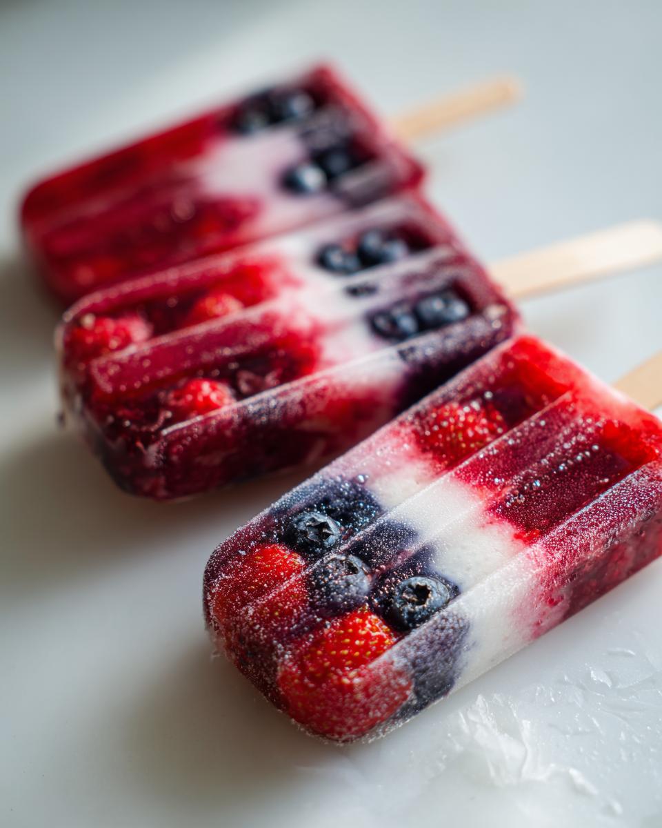 Close-up of three red, white, and blue berry popsicles, perfect for Fourth of July desserts.