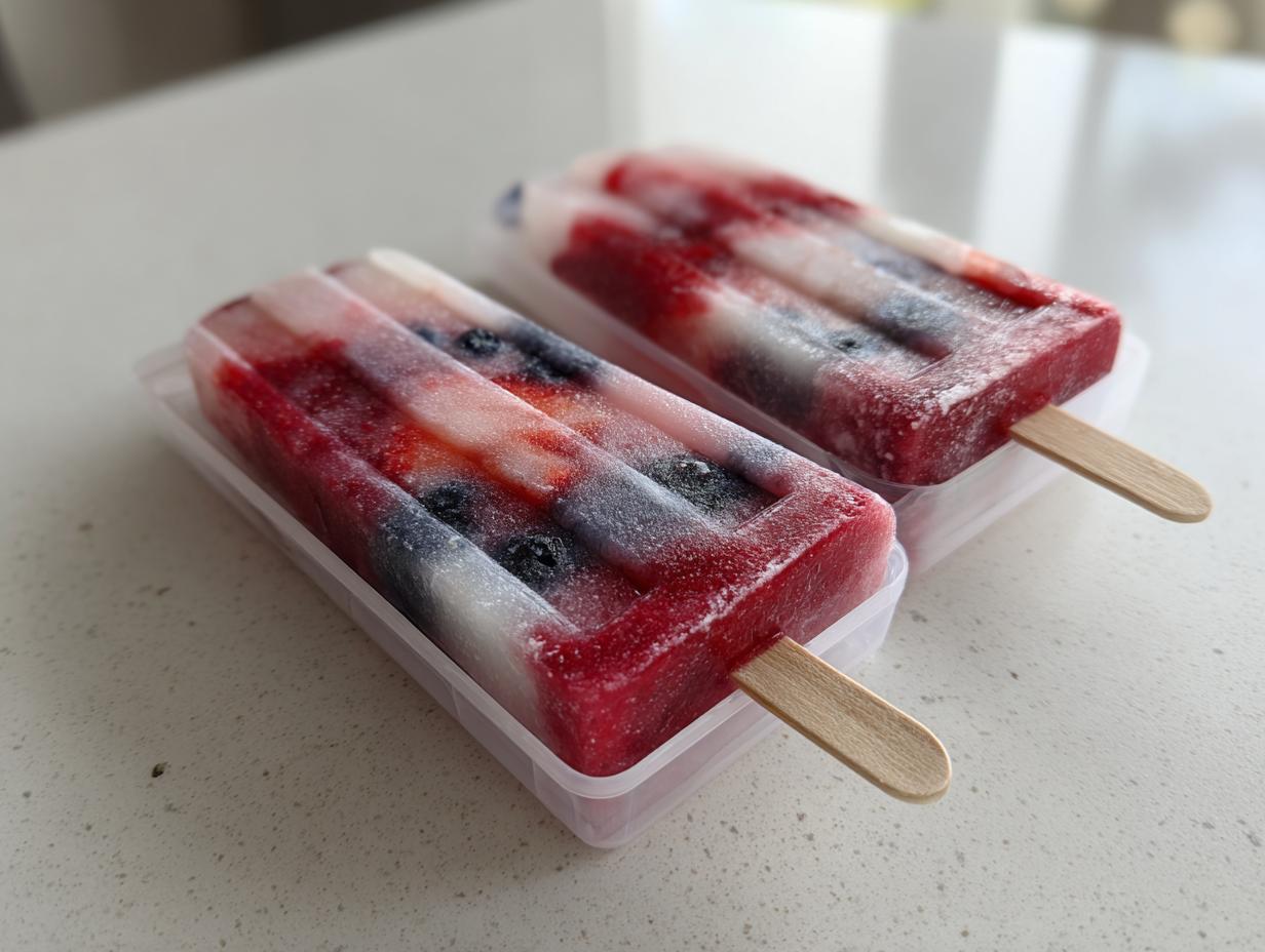 Two red, white, and blue berry popsicles with strawberries and blueberries, perfect for Fourth of July desserts.