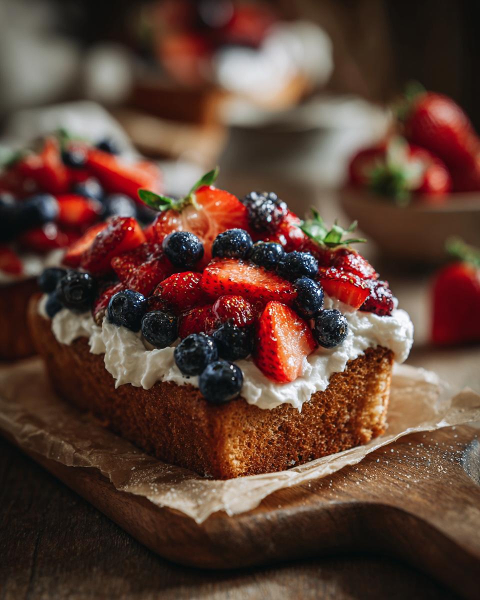 A slice of pound cake topped with whipped cream and fresh strawberries and blueberries, perfect for Fourth of July desserts.