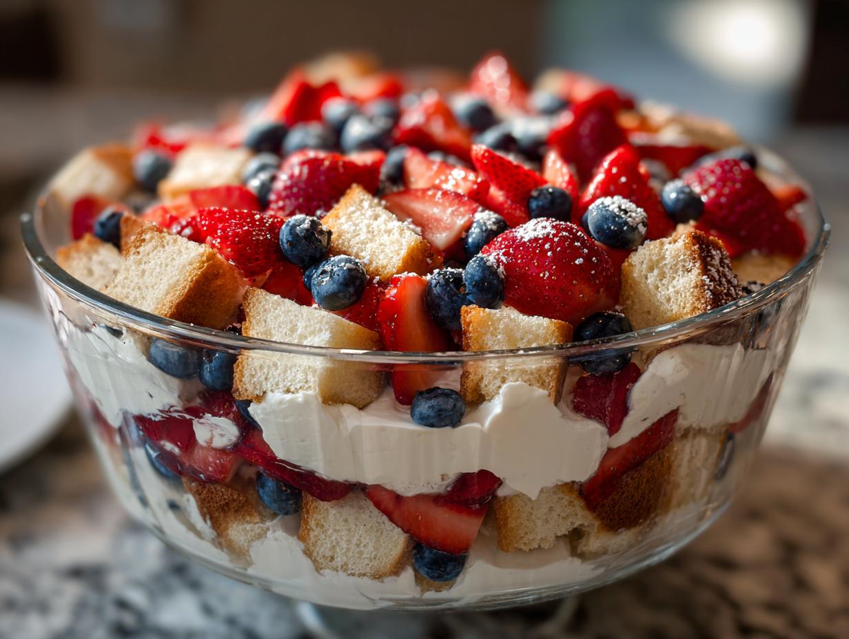 A close-up of a Fourth of July dessert with patriotic layers of strawberries, blueberries, cake, and whipped cream in a glass trifle bowl.