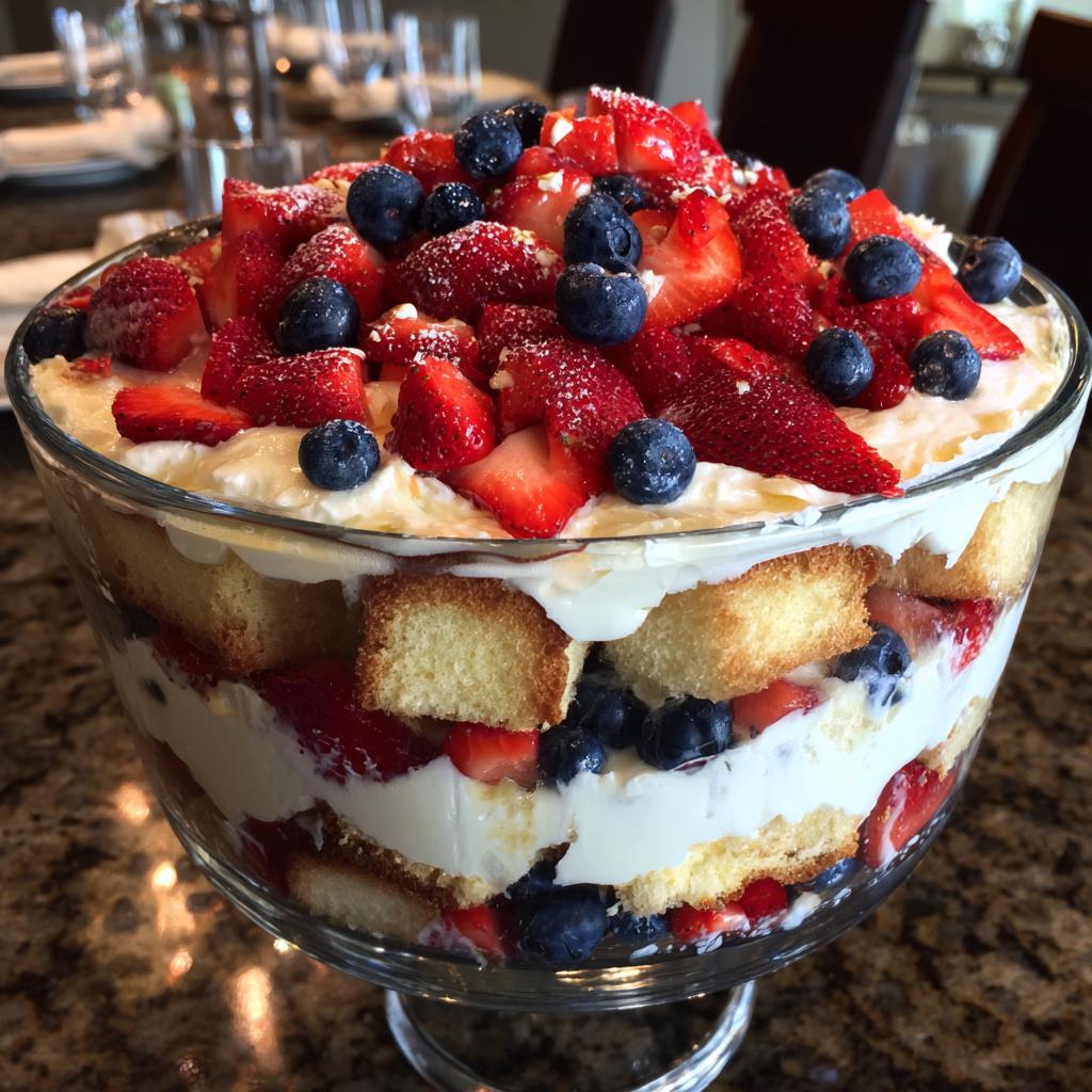 A festive berry trifle with layers of strawberries, blueberries, cake, and whipped cream, perfect for Fourth of July desserts.