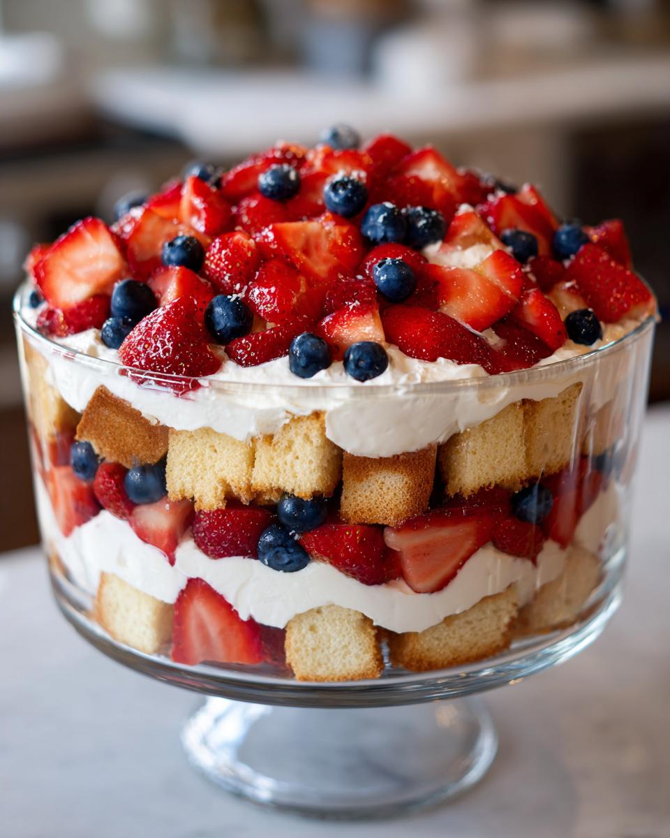 A festive Fourth of July dessert: a berry trifle with layers of cake, whipped cream, strawberries, and blueberries.