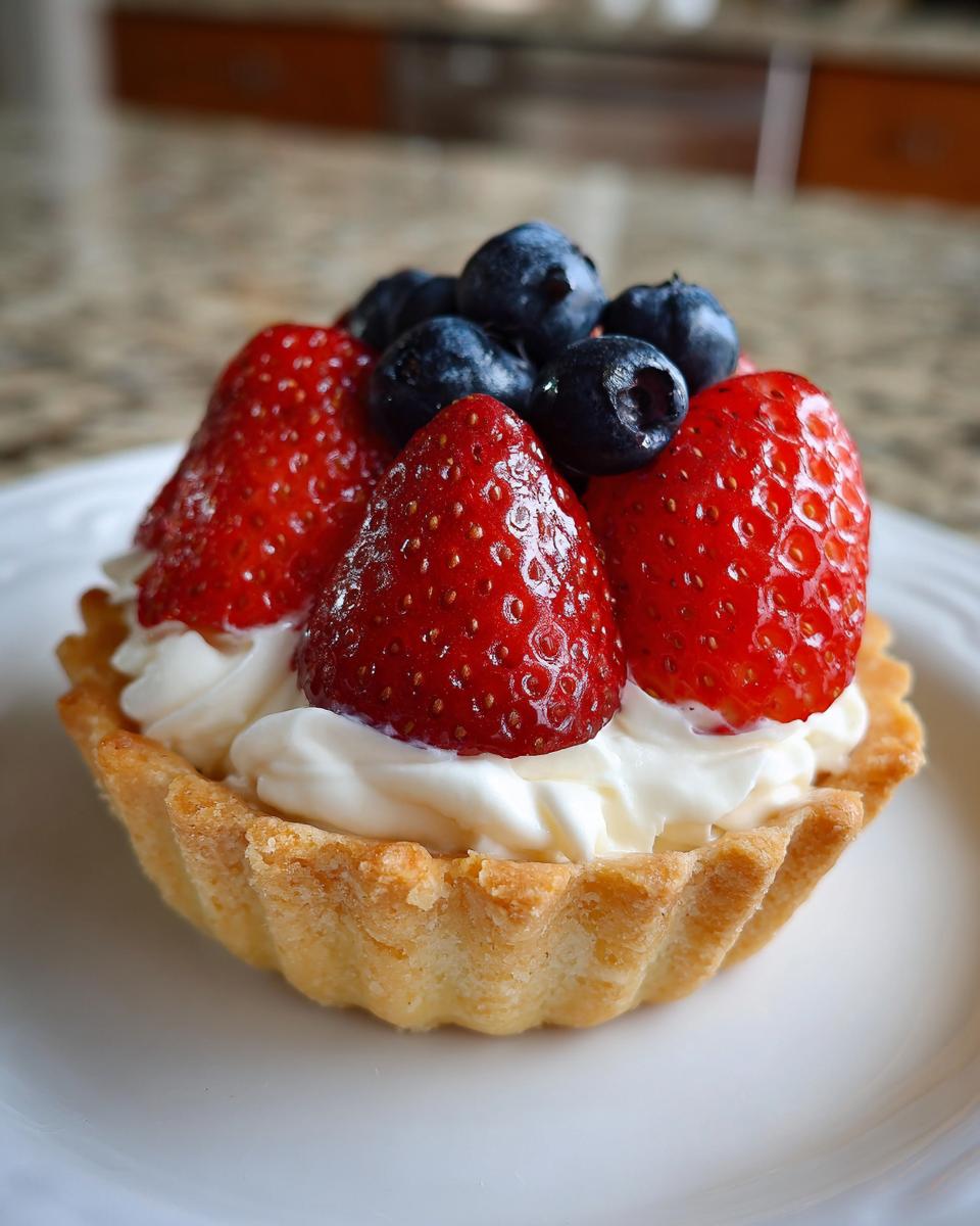A close-up of a Fourth of July dessert mini tartlet filled with cream and topped with fresh strawberries and blueberries.