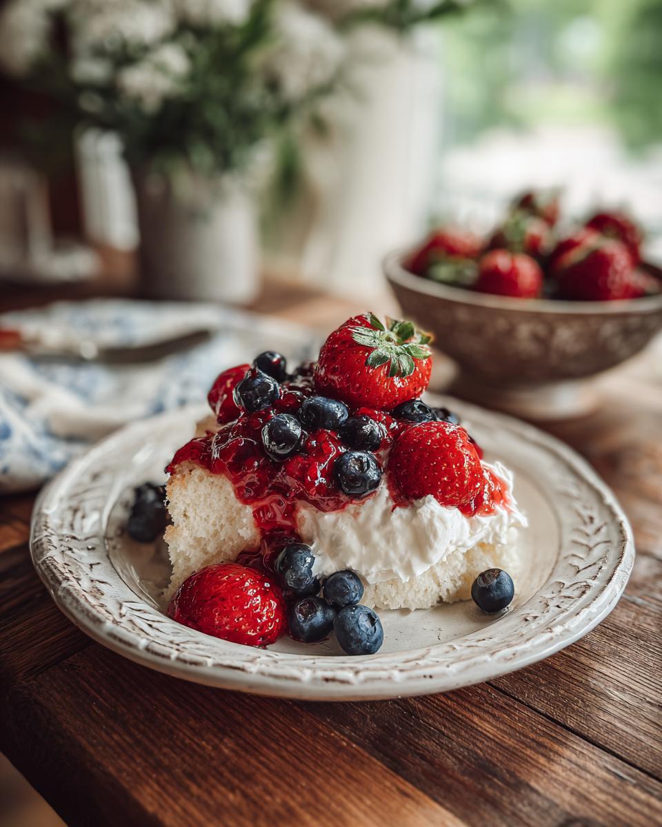 A slice of pound cake topped with whipped cream, fresh strawberries, blueberries, and berry compote, perfect for Fourth of July desserts.
