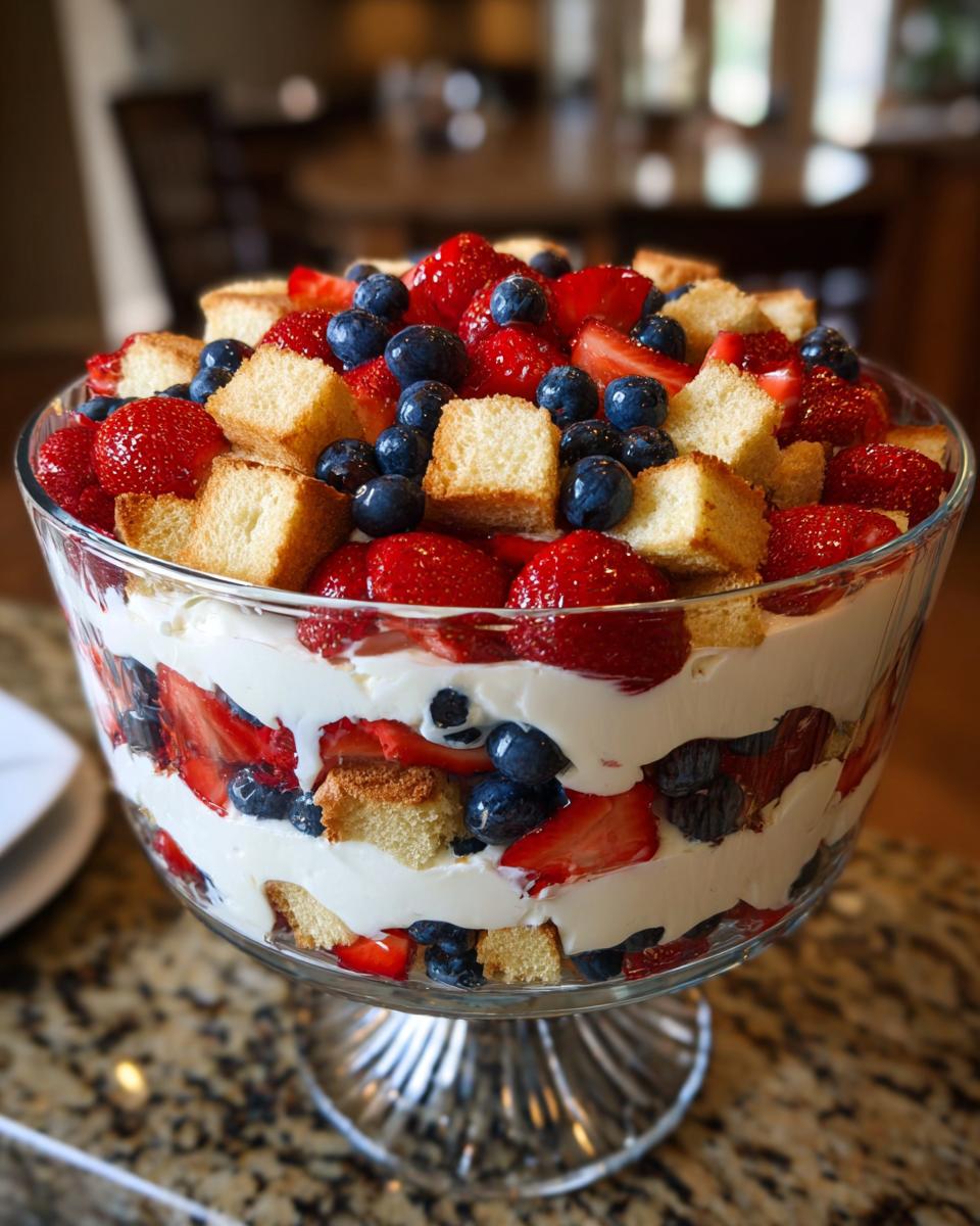 A large glass trifle bowl filled with patriotic layers of cream, strawberries, blueberries, and cake cubes for Fourth of July Desserts.