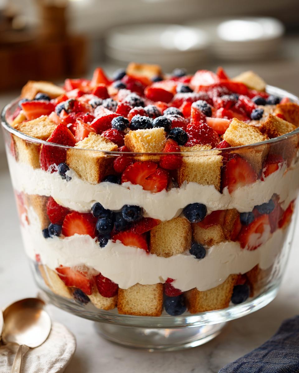 A large glass trifle bowl filled with layers of pound cake, whipped cream, strawberries, and blueberries, perfect for Fourth of July desserts.