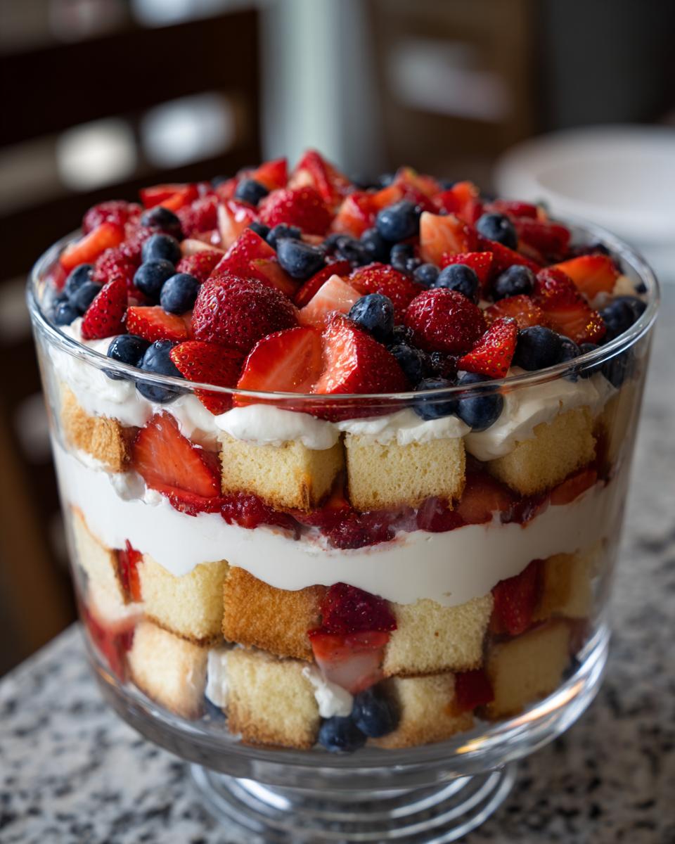 A festive Fourth of July dessert featuring a berry trifle with layers of cake, whipped cream, strawberries, and blueberries.