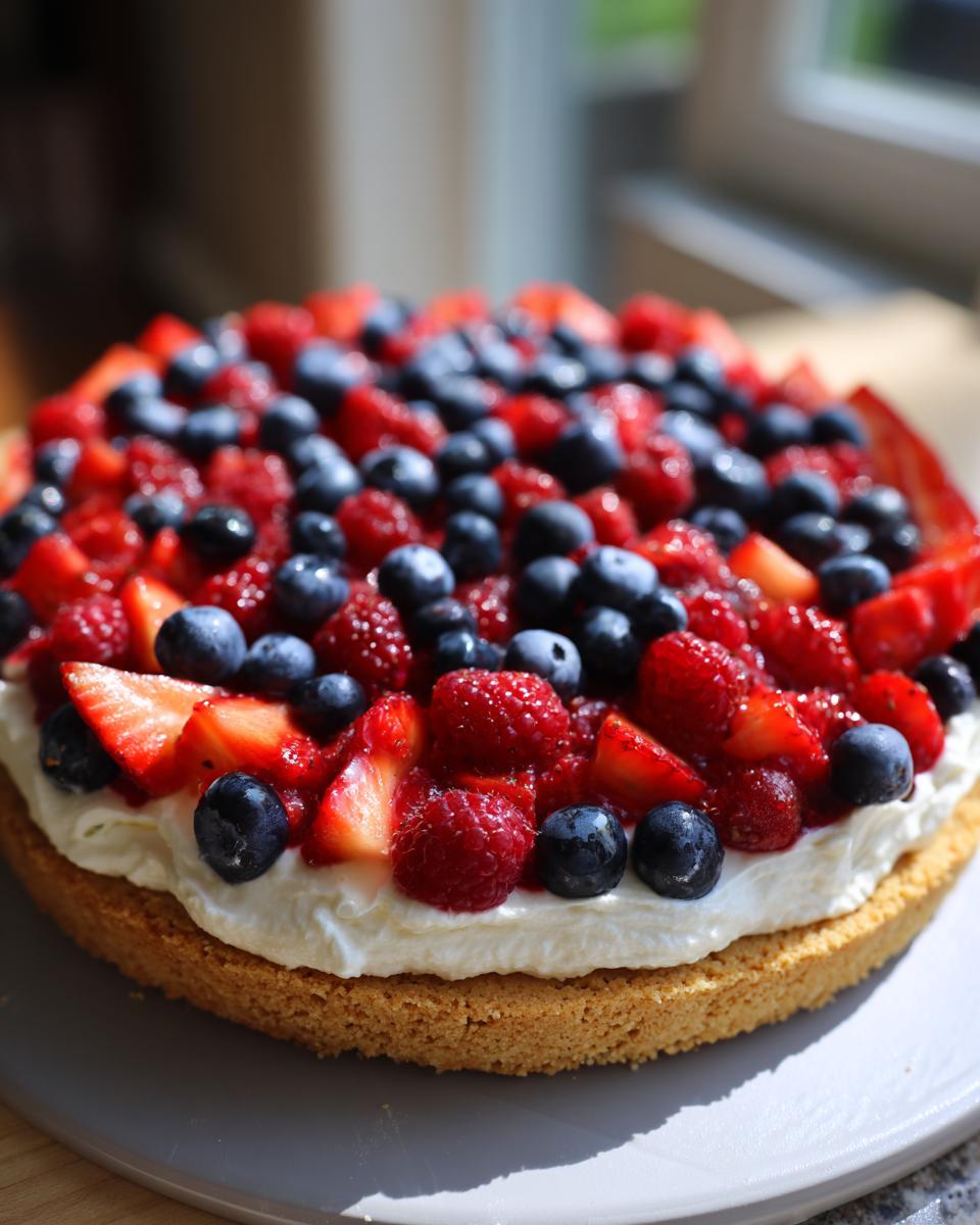 A festive Fourth of July dessert: a flag fruit pizza with a cookie crust, whipped cream, and fresh berries.