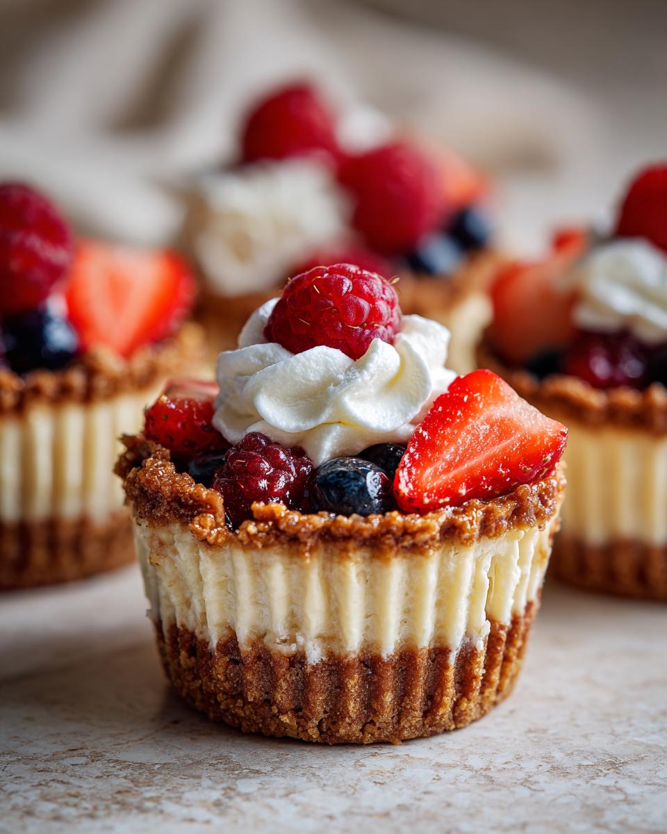 Close-up of a no-bake cheesecake cup topped with whipped cream, fresh berries, and strawberry slices, perfect for Fourth of July desserts.