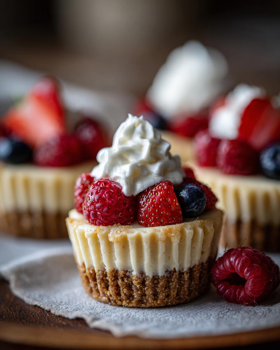Close-up of a no-bake cheesecake cup topped with whipped cream and fresh berries, perfect for Fourth of July desserts.