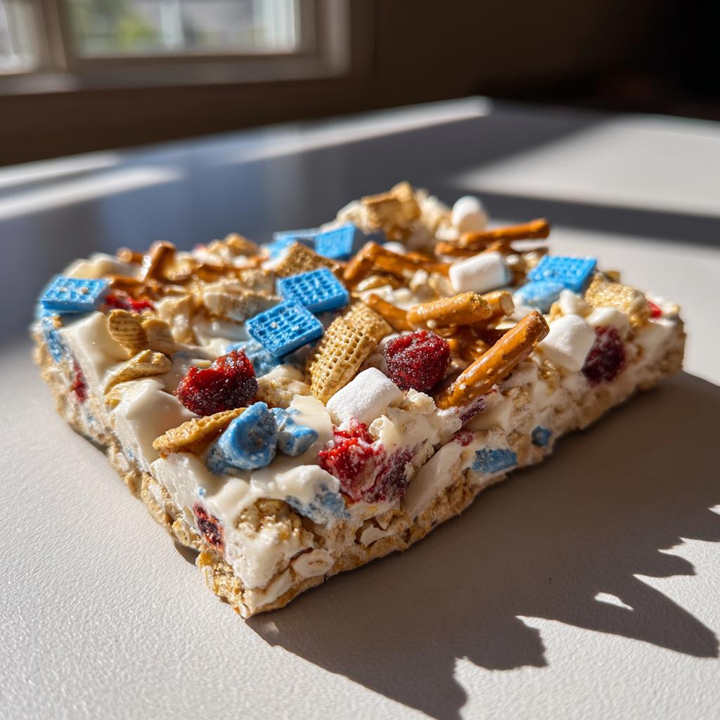 A slice of Fourth of July dessert bark with patriotic red, white, and blue colors, featuring snack mix ingredients.