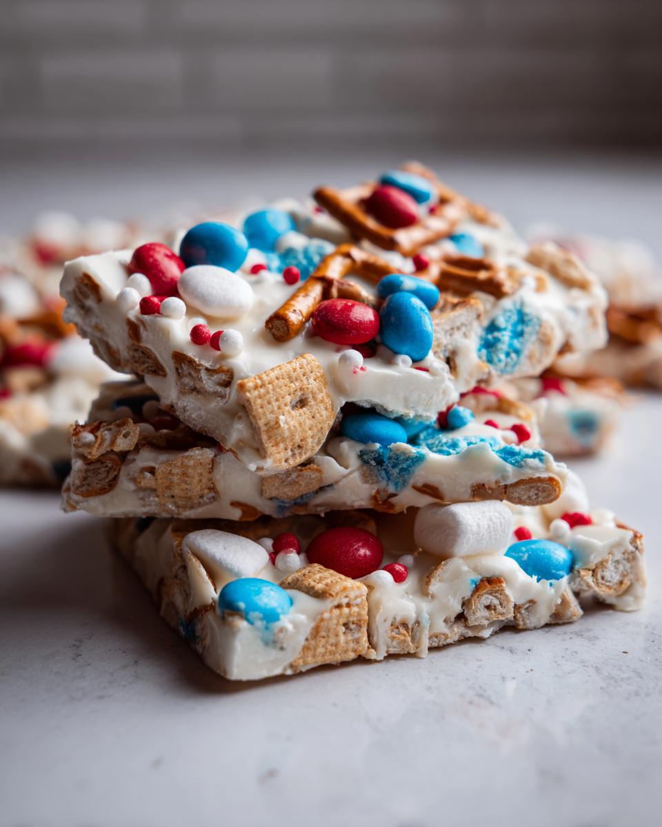 Close-up of Fourth of July Desserts: Patriotic Snack Mix Bark with red, white, and blue candies, pretzels, and cereal pieces.