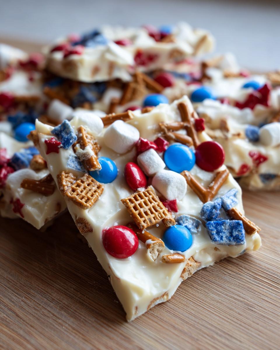 Close-up of Fourth of July Desserts: Patriotic Snack Mix Bark with white chocolate, pretzels, marshmallows, and red, white, and blue candies.