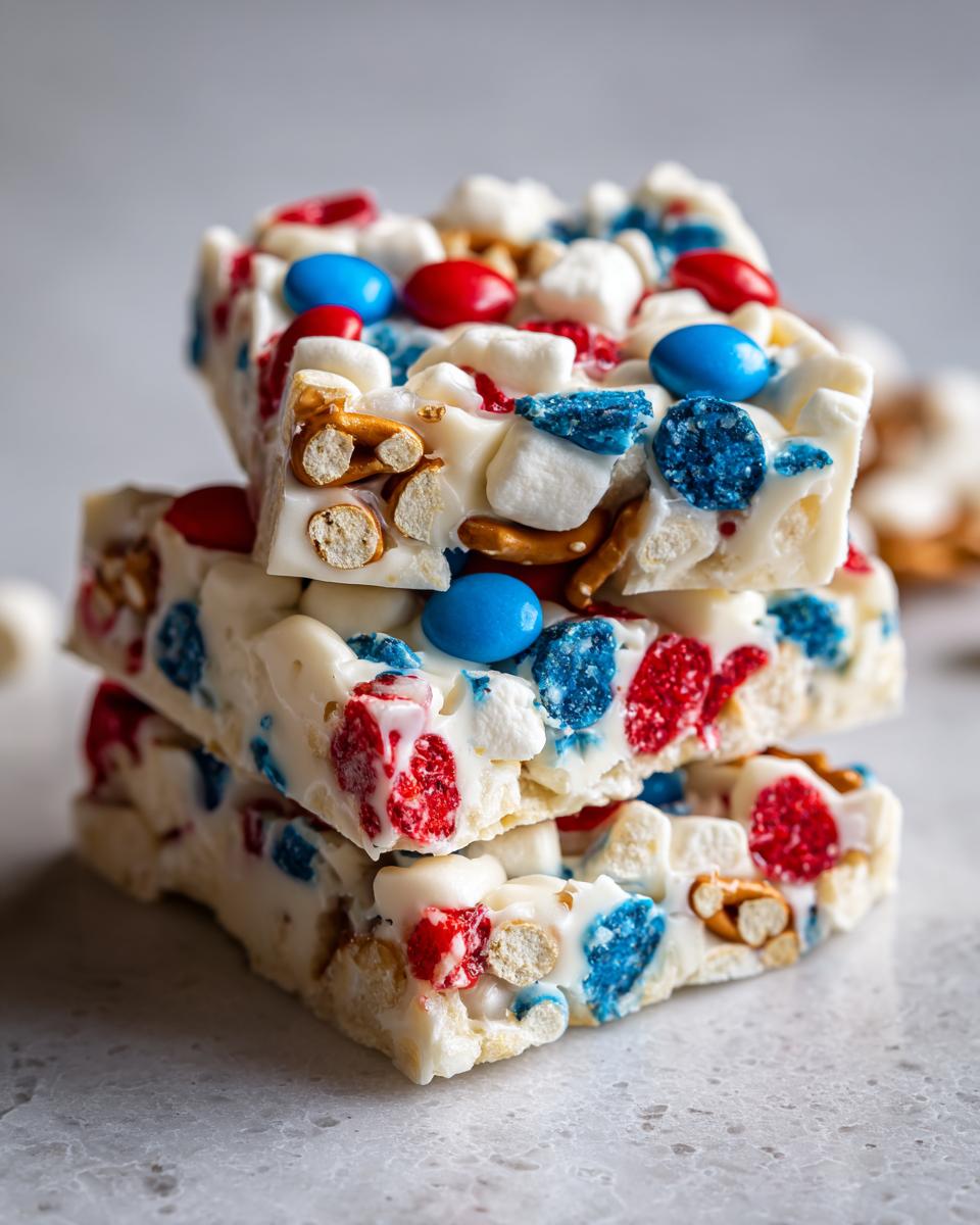 A stack of Fourth of July Desserts: Patriotic Snack Mix Bark with red, white, and blue candies, marshmallows, and pretzels.