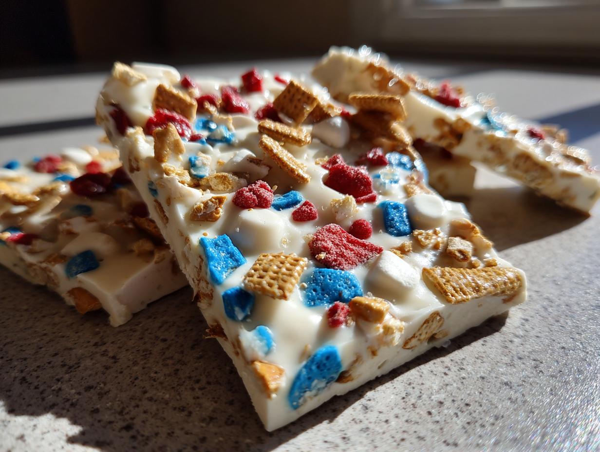 Close-up of Fourth of July Desserts: Patriotic Snack Mix Bark with red, white, and blue sprinkles and cookie pieces.