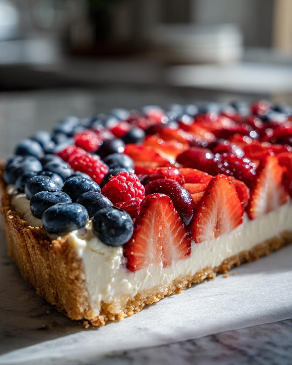 A close-up of a Fourth of July Flag Fruit Pizza on a cookie crust, topped with cream cheese frosting and fresh berries.