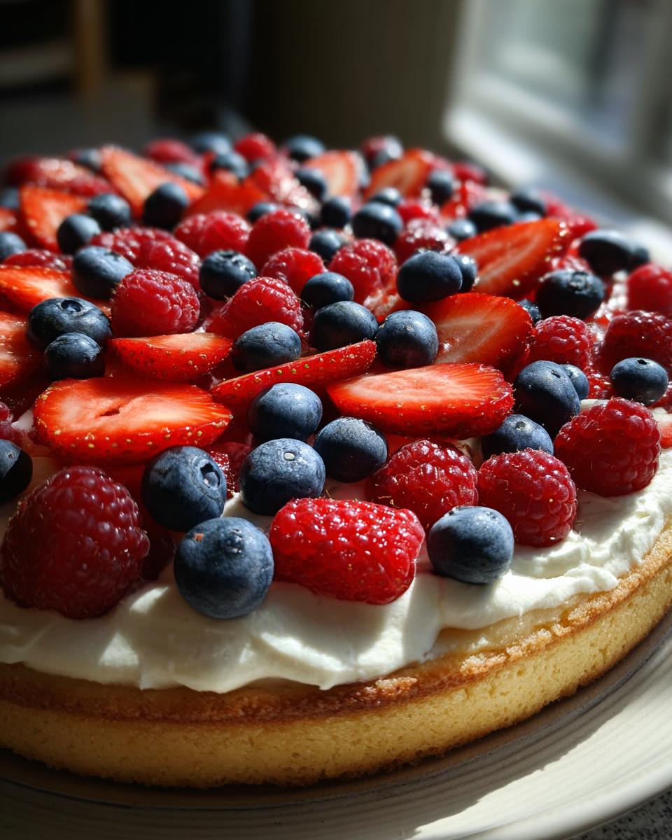 Close-up of a Fourth of July Flag Fruit Pizza on a cookie crust, topped with whipped cream and fresh berries.