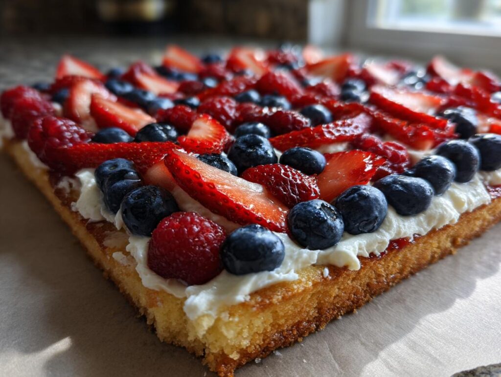 A festive Fourth of July Flag Fruit Pizza on a cookie crust, topped with whipped cream and fresh strawberries, blueberries, and raspberries.