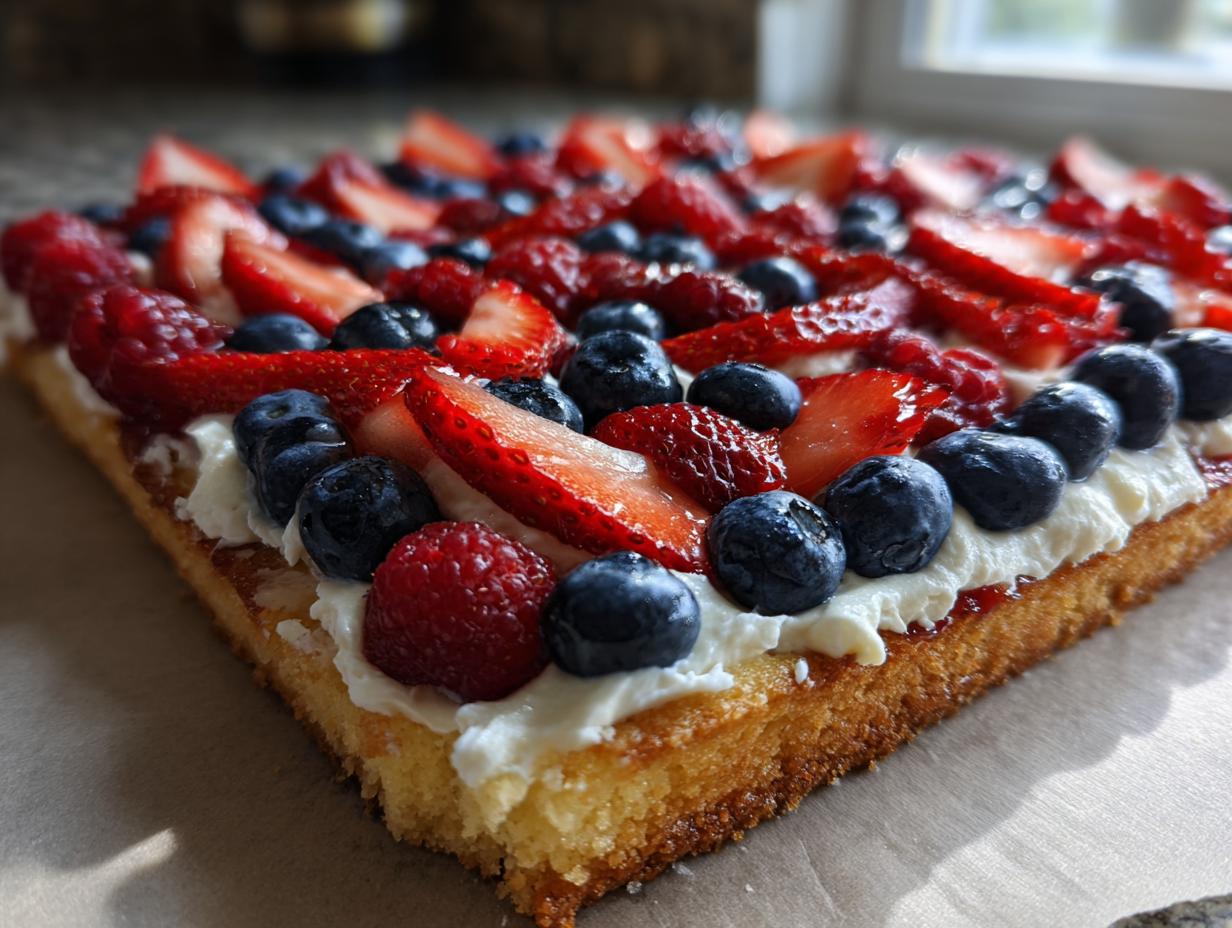 A festive Fourth of July Flag Fruit Pizza on a cookie crust, topped with whipped cream and fresh strawberries, blueberries, and raspberries.