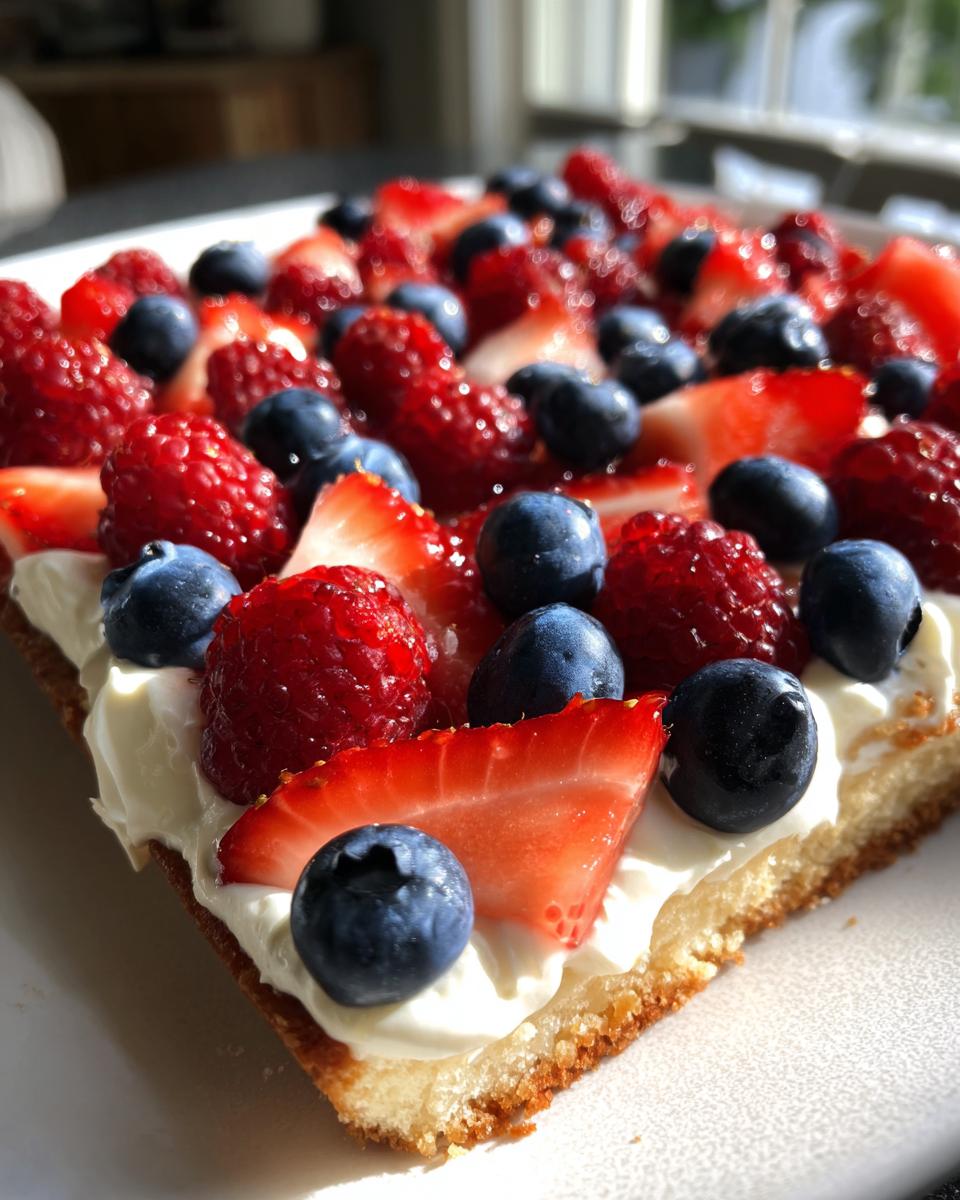 Close-up of a slice of Fourth of July Flag Fruit Pizza with strawberries, blueberries, and raspberries on a cookie crust.