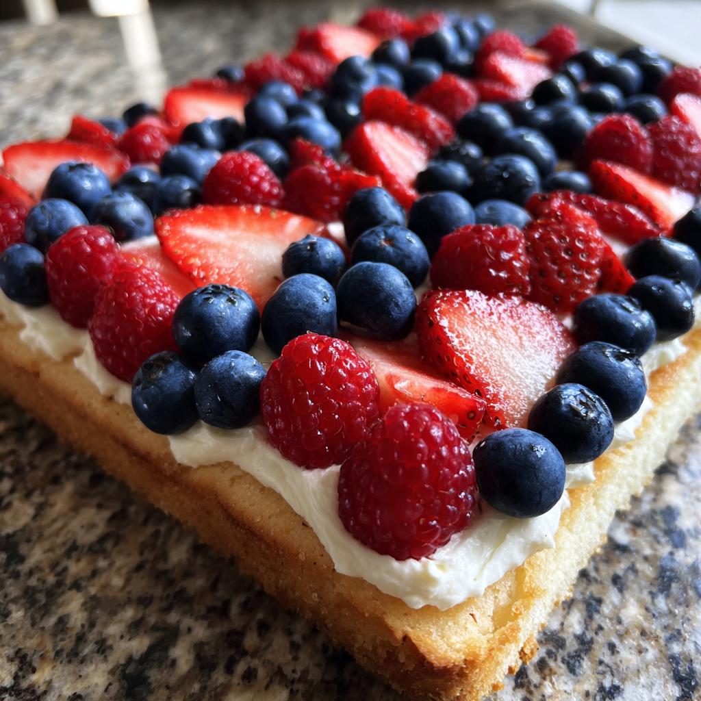 A festive Fourth of July Flag Fruit Pizza on a cookie crust, topped with cream cheese frosting and fresh strawberries, blueberries, and raspberries.