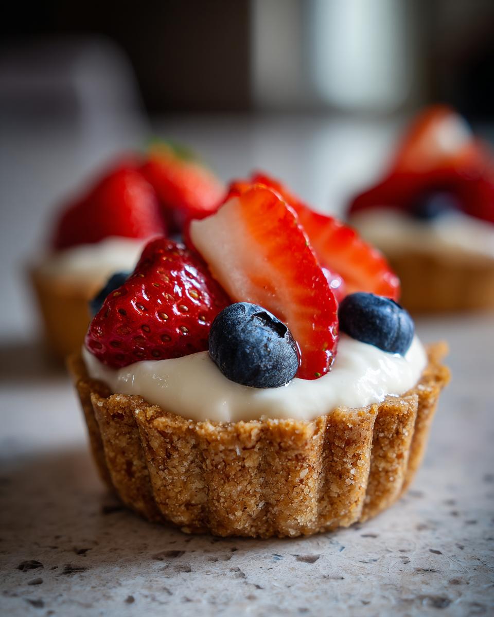 Close-up of a Fourth of July dessert: a mini tartlet filled with cream and topped with fresh strawberries and blueberries.