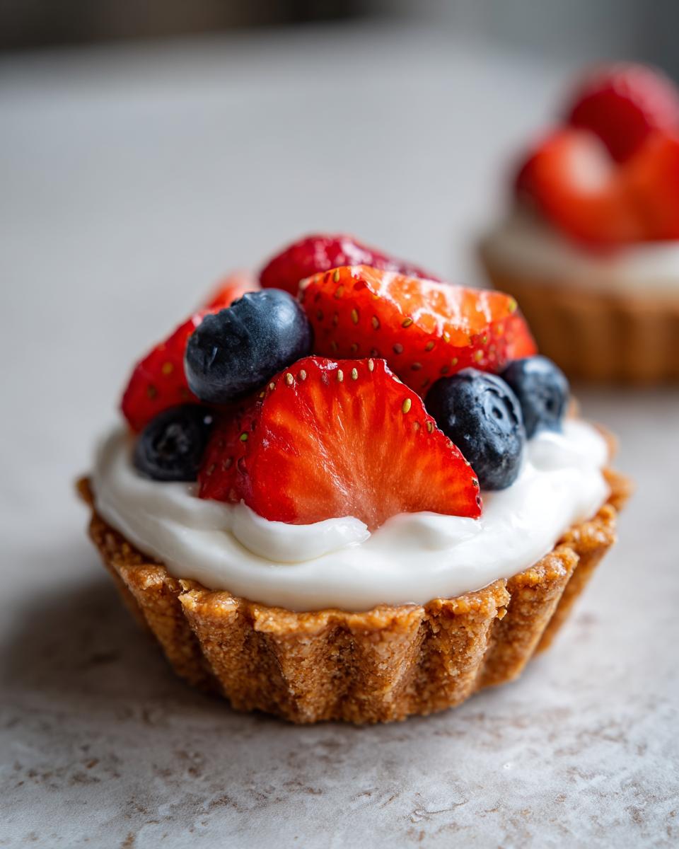 A close-up of a Fourth of July dessert: a mini tartlet filled with cream and topped with fresh strawberries and blueberries.