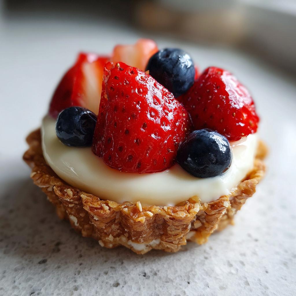 A close-up of a mini tartlet filled with cream and topped with fresh strawberries and blueberries, perfect for Fourth of July desserts.