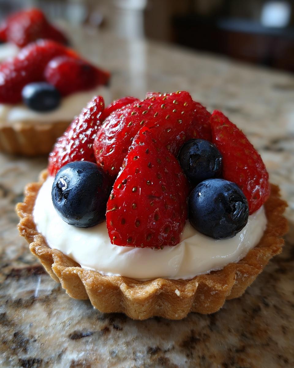 Close-up of a Fourth of July dessert: mini tartlets filled with cream and topped with fresh strawberries and blueberries.