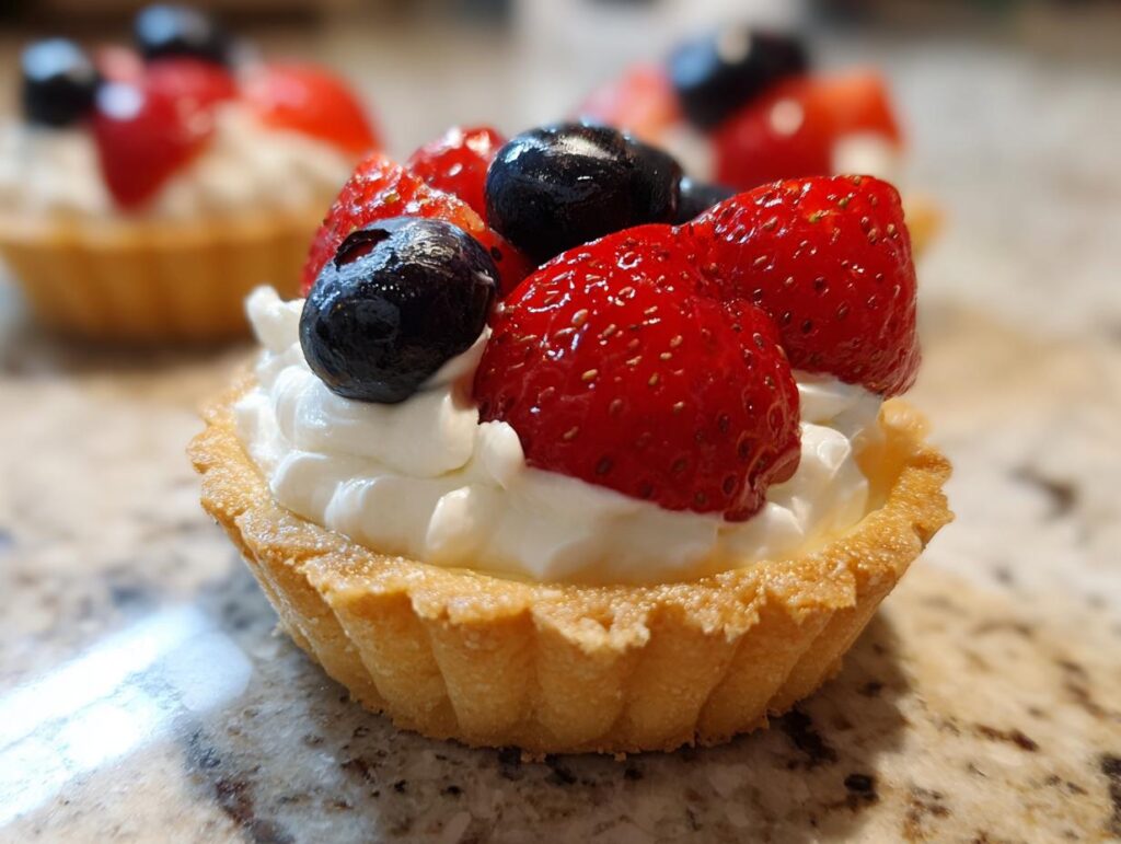 Close-up of a Fourth of July dessert mini tartlet filled with cream and topped with fresh strawberries and blueberries.