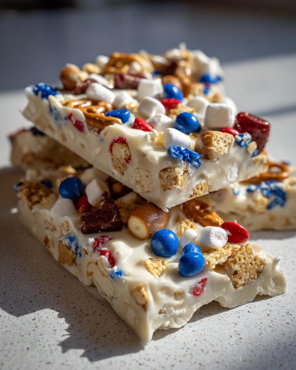 Close-up of Fourth of July Desserts: Patriotic Snack Mix Bark with white chocolate, pretzels, marshmallows, and red, white, and blue candies.