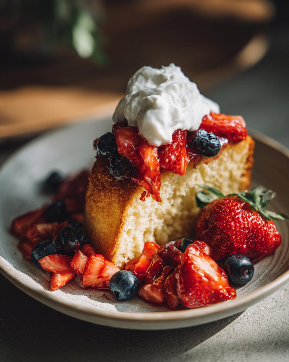 A slice of pound cake topped with whipped cream, strawberries, and blueberries, a perfect Fourth of July dessert.