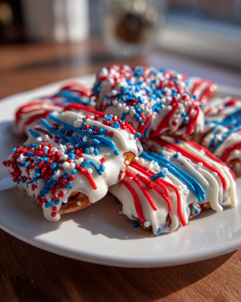 Close-up of white chocolate-covered pretzels with red, white, and blue sprinkles and drizzle for Fourth of July desserts.