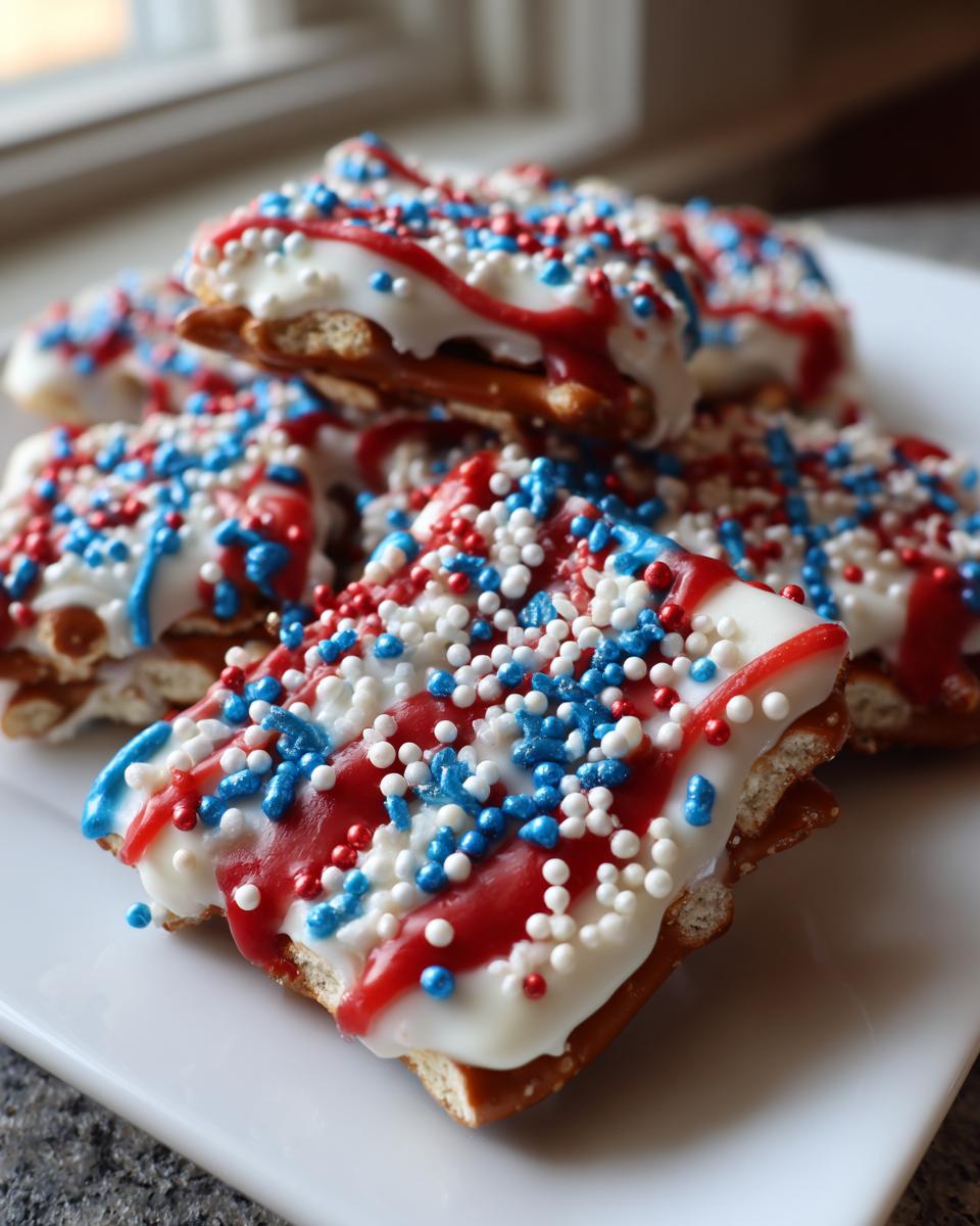 Close-up of Fourth of July desserts: pretzel treats covered in white chocolate, drizzled with red and blue icing, and topped with patriotic sprinkles.