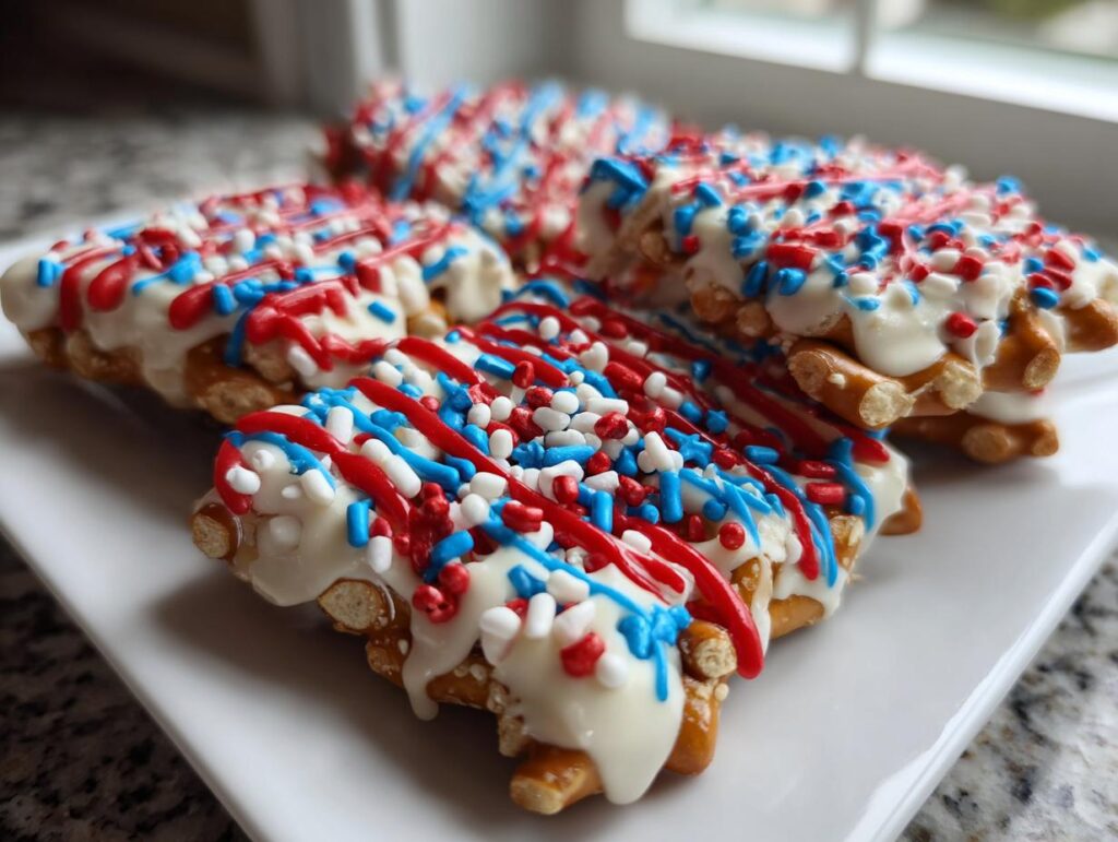 Close-up of white chocolate-covered pretzel treats with red, white, and blue sprinkles, perfect for Fourth of July desserts.