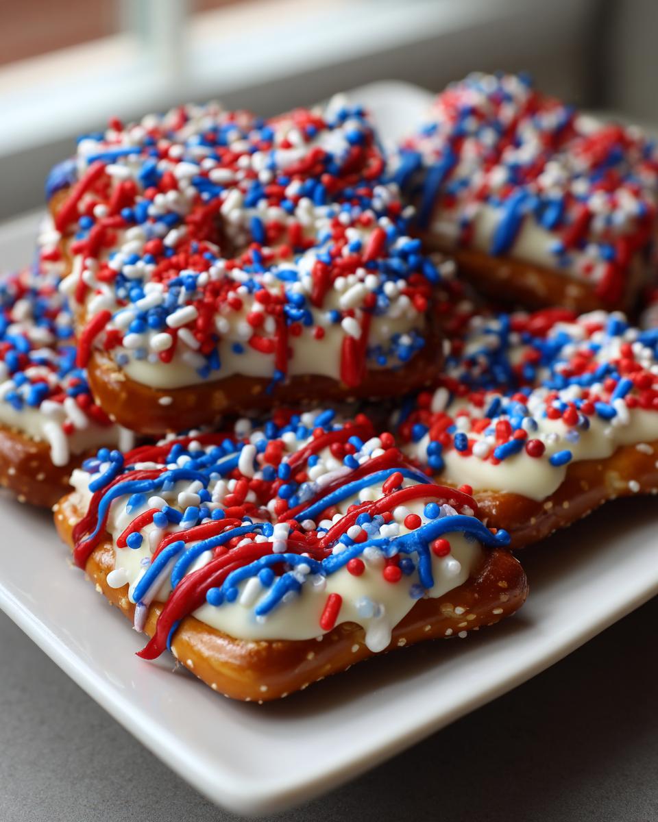 Close-up of festive Fourth of July pretzel treats covered in white chocolate, red and blue drizzles, and patriotic sprinkles.
