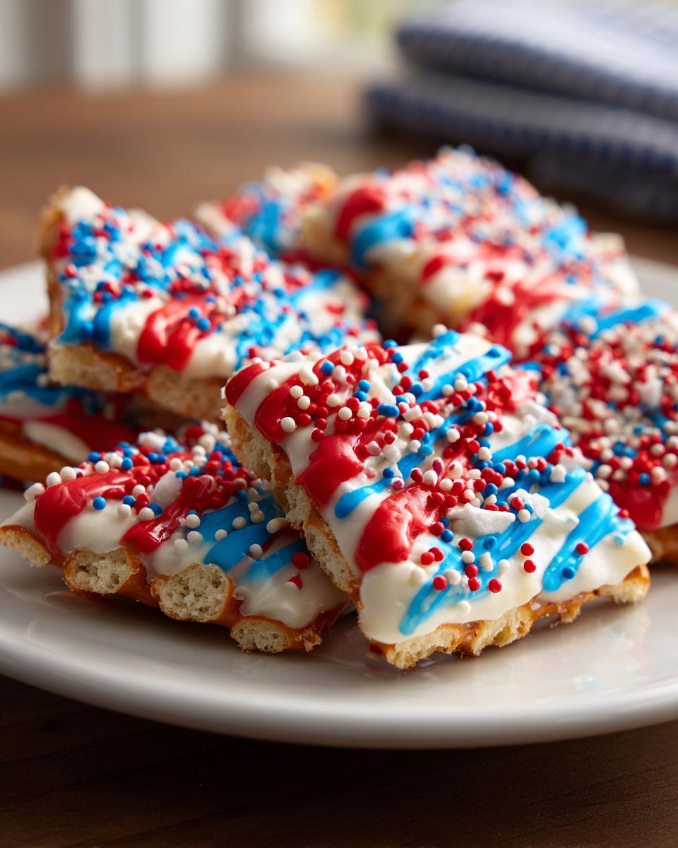 Close-up of Fourth of July desserts: pretzel treats drizzled with red, white, and blue chocolate and covered in festive sprinkles.