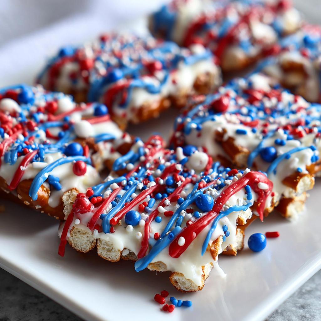 Close-up of festive Fourth of July pretzel treats covered in white chocolate and decorated with red, white, and blue sprinkles and drizzles.