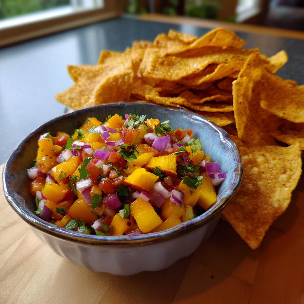 A bowl of fresh peach salsa with diced peaches, red onion, tomato, and cilantro, served with a pile of cinnamon chips.
